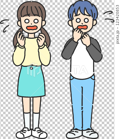 焦っている小学生男子と女子の線画イラスト 123420853