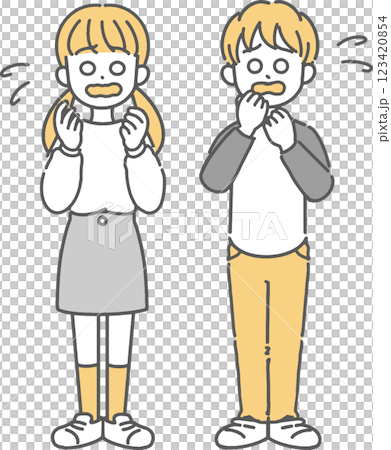 不耐煩的小學男孩和女孩的線條畫插圖 不耐煩的小學男孩和女孩的線條畫插圖 123420854