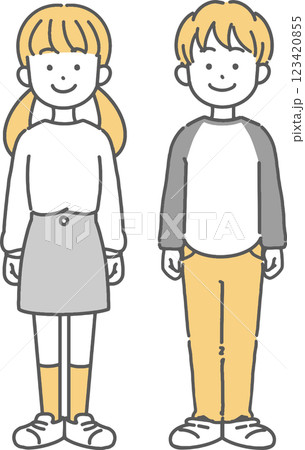 立っている小学生男子と女子の線画イラスト 123420855
