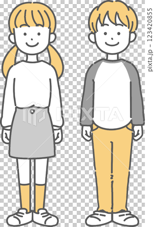 立っている小学生男子と女子の線画イラスト 123420855