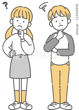 考えている小学生男子と女子の線画イラスト 考えている小学生男子と女子の線画イラスト 123420856