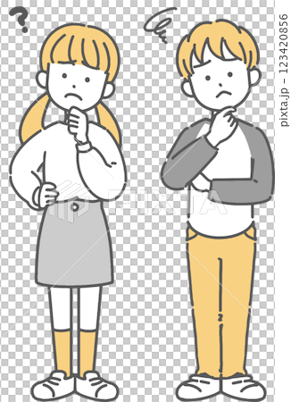 考えている小学生男子と女子の線画イラスト 考えている小学生男子と女子の線画イラスト 123420856