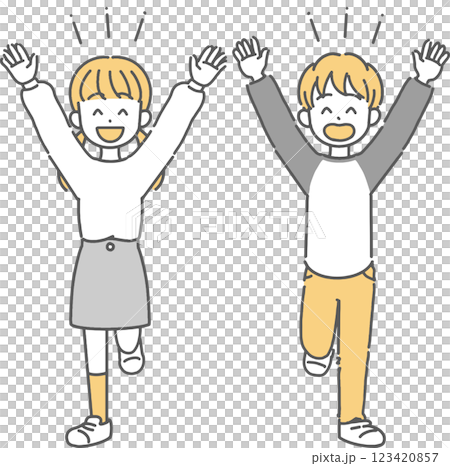 手を上げて喜んでいる小学生男子と女子の線画イラスト 123420857