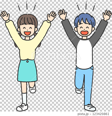 手を上げて喜んでいる小学生男子と女子の線画イラスト 手を上げて喜んでいる小学生男子と女子の線画イラスト 123420861