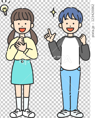 Line drawing illustration of elementary school boys and girls who have come up with an idea Line drawing illustration of elementary school boys and girls who have come up with an idea 123420862