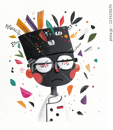 A cartoon man with a melancholic expression, wearing a uniform, glasses and a cap. The worker looks gloomy, bleak and depressed, contrasting with bright colors around him. AI-generated illustration 123420870