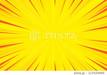 Comic background with yellow pop art cartoon pattern. Ray burst vector light with retro halftone effect. Yellow abstract anime sunburst. Dotted summer explosion backdrop. Graphic vintage radial frame 123420900