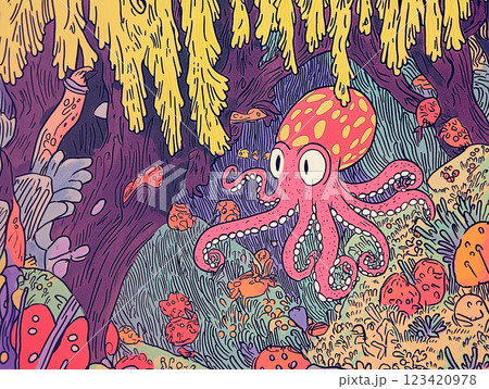 A curious spotted octopus with big eyes exploring the ocean floor. A marine creature surrounded by colorful seaweed and coral in the underwater world. AI-generated illustration 123420978