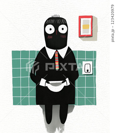 A weird looking shy visitor holding a bowl, asking to borrow something. A funny cartoon character offering food in a bowl to a neighbor, coworker or a pet. AI-generated illustration 123420979