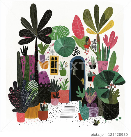 A cozy backyard with lush green plants, potted houseplants, and decorative flowers. The inviting courtyard creates a peaceful and adorable outdoor space. AI-generated illustration 123420980