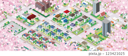 桜咲く春の街並みのイラスト. アイソメ図. 123421025