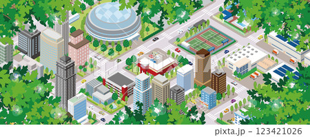 新緑の街並みイラスト. アイソメ図. 新緑の街並みイラスト. アイソメ図. 123421026