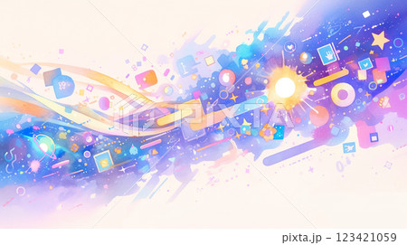ソフトウェアのイメージの抽象的でカラフルな色々な物の水彩イラスト 123421059