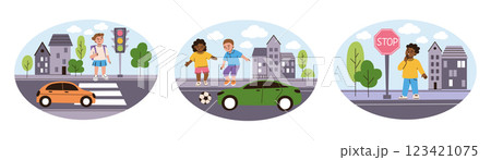 Children road safety vector illustrations set. Pedestrian crossing, stop sign and traffic lights, playing near road. Flat cartoon girls and boys characters. Traffic rules for kids, urban environment Children road safety vector illustrations set. Pedestrian crossing, stop sign and traffic lights, playing near road. Flat cartoon girls and boys characters. Traffic rules for kids, urban environment 123421075