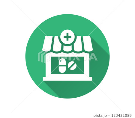 Pharmacy flat icon with long shadow for graphic and web design. Pharmacy flat icon with long shadow for graphic and web design. 123421089