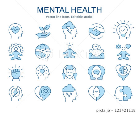Mental health icons, such as emotions, therapy, psychology and more. Vector illustration isolated on white. Editable stroke. Mental health icons, such as emotions, therapy, psychology and more. Vector illustration isolated on white. Editable stroke. 123421119