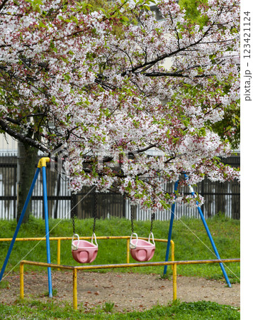 公園の葉桜とブランコ 123421124