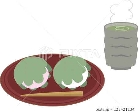 暖かい日本茶と柏餅のイラストセット 暖かい日本茶と柏餅のイラストセット 123421134
