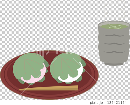 暖かい日本茶と柏餅のイラストセット 暖かい日本茶と柏餅のイラストセット 123421134