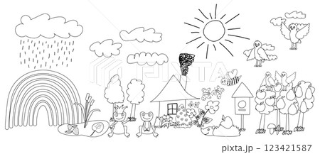 Scenic Nature Coloring Page with Animals, Trees, and a Rainbow 123421587