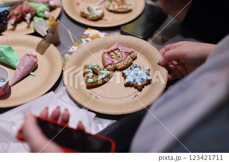 Deliciously Decorated Holiday Cookies Beautifully Covered With Colorful Icing and Sprinkles 123421711