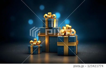 A Stack of Blue and Gold Gift Boxes. Gift Packages. Generative AI 123421774