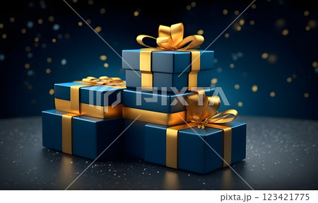 A Stack of Blue and Gold Gift Boxes. Gift Packages. Generative AI 123421775