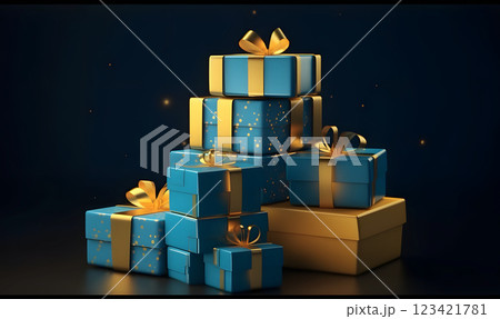 A Stack of Blue and Gold Gift Boxes. Gift Packages. Generative AI 123421781