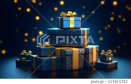 A Stack of Blue and Gold Gift Boxes. Gift Packages. Generative AI 123421782
