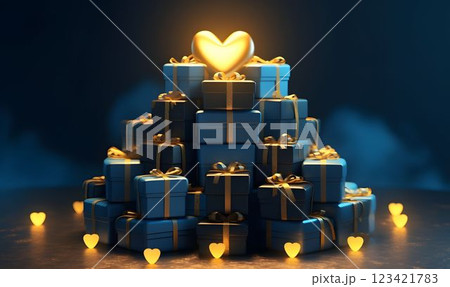 A Stack of Blue and Gold Gift Boxes. Gift Packages. Generative AI 123421783