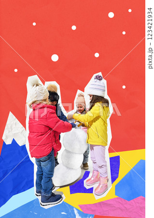 Kids in warm colorful jackets building snowman, hands covered in snow, eyes sparkling. Contemporary art collage. 123421934