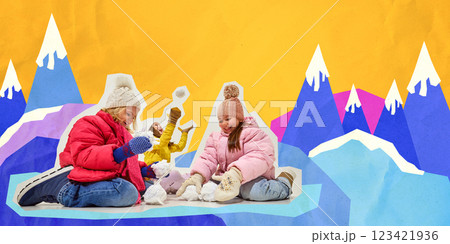 Cheerful girls playing with snow, tossing snowballs, sharing laughter. Contemporary art collage. 123421936