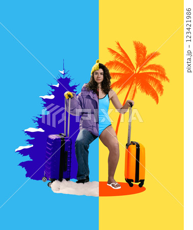Between snow and sun. Woman holding two suitcases, one in winter setting and other in tropical, standing between cold and warm seasons. Between snow and sun. Woman holding two suitcases, one in winter setting and other in tropical, standing between cold and warm seasons. 123421986
