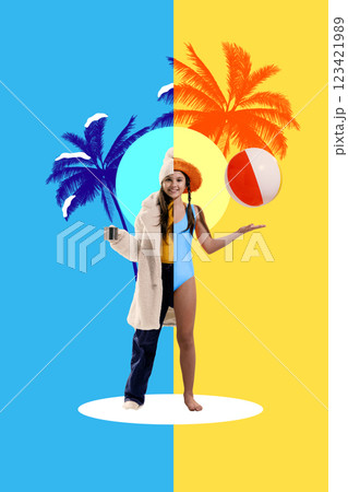 Winter to summer transition. Girl dressed in cozy winter outfit and swimsuit, balancing warm drink in one hand and tossing beach ball with other. Winter to summer transition. Girl dressed in cozy winter outfit and swimsuit, balancing warm drink in one hand and tossing beach ball with other. 123421989
