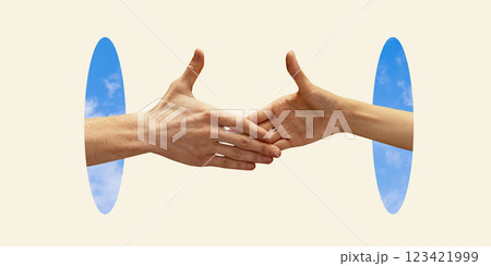Partnerships beyond limitations. Hands meeting and shaking through sky portals. Contemporary art collage. 123421999