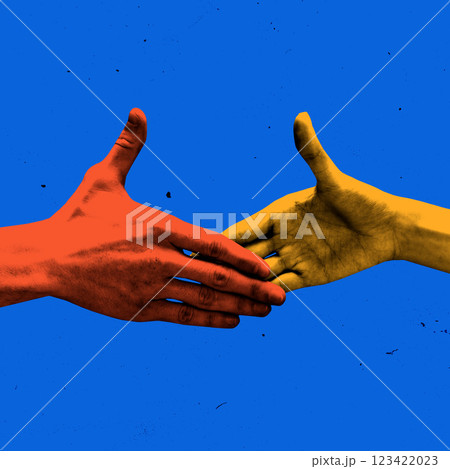 Two hands reaching for handshake in bold colors, symbolizing unity, collaboration, professional deal. Photocopy effect. Two hands reaching for handshake in bold colors, symbolizing unity, collaboration, professional deal. Photocopy effect. 123422023