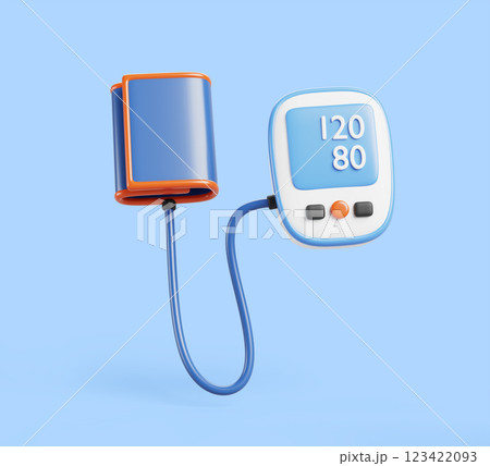 3d electronic blood pressure tonometer. Medical diagnostic device with digital monitor and cuff for arterial pressure measurement, isolated design element. Realistic render icon. 3D illustration 3d electronic blood pressure tonometer. Medical diagnostic device with digital monitor and cuff for arterial pressure measurement, isolated design element. Realistic render icon. 3D illustration 123422093