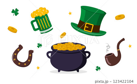 Easter-themed set with eggs, flowers, and decorations on white background.  123422104