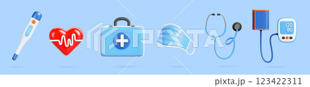 3d doctor equipment kit - first aid medicine bag, medical face mask, thermometer, stethoscope, electronic blood pressure tonometer, heart with beat pulse line. Cartoon render icon set. 3D illustration 123422311