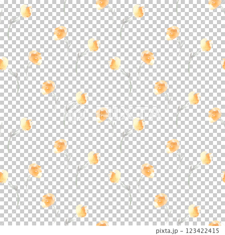 Seamless botanical pattern with delicate yellow wildflowers and soft green stems. Watercolor flowers pattern hand painted for textile, wrapping paper, stationery. Floral print for children fabric. 123422415