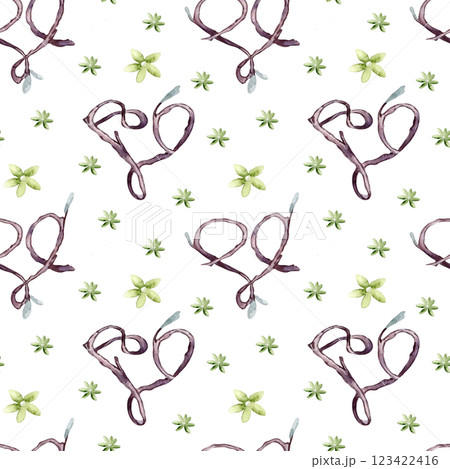 Hearts seamless pattern of watercolor twigs and simple flowers painted isolated on white. Delicate branch shaped hearts with green blooms on repeated background. Natural designs texture, Valentine. Hearts seamless pattern of watercolor twigs and simple flowers painted isolated on white. Delicate branch shaped hearts with green blooms on repeated background. Natural designs texture, Valentine. 123422416