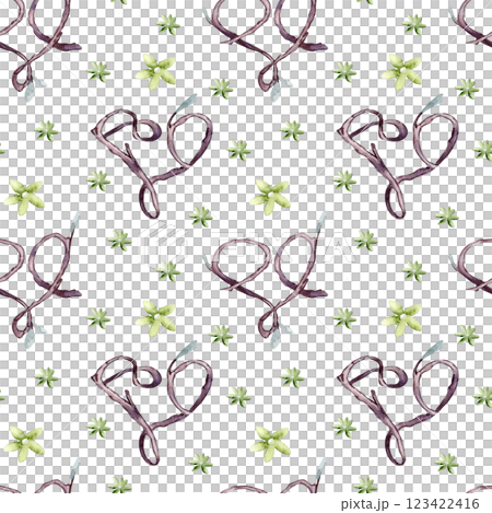 Hearts seamless pattern of watercolor twigs and simple flowers painted isolated on white. Delicate branch shaped hearts with green blooms on repeated background. Natural designs texture, Valentine. Hearts seamless pattern of watercolor twigs and simple flowers painted isolated on white. Delicate branch shaped hearts with green blooms on repeated background. Natural designs texture, Valentine. 123422416