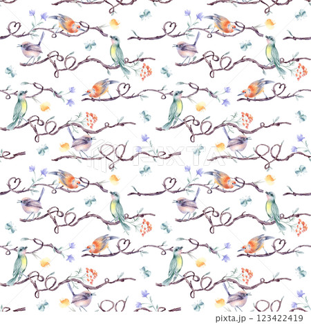 Watercolor seamless pattern with cute small birds on tree branches with hearts isolated. Design child wallpaper of nature art and tiny birdies in soft colors hand painted. Simple flowers, butterflies. Watercolor seamless pattern with cute small birds on tree branches with hearts isolated. Design child wallpaper of nature art and tiny birdies in soft colors hand painted. Simple flowers, butterflies. 123422419
