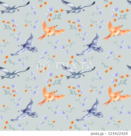 Birds and flowers watercolor seamless pattern isolated. Floral repeated background with flying birds in blue orange colors hand painted. Colorful birds and simple blooms design pattern for textile. 123422420