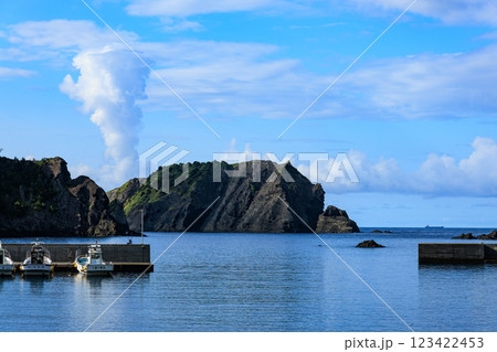 中木港の風景。 手前に中木浜、沖に巨大な入道雲と大根島が見えている。 ヒリゾ浜は大根島の左側にある。 123422453
