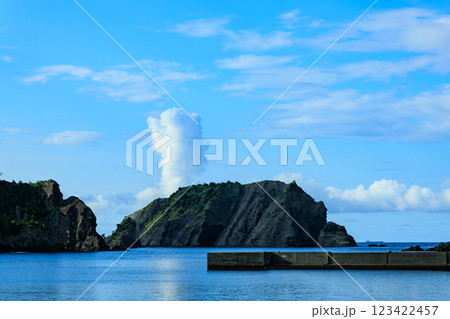 中木港の風景。 手前に中木浜、沖に巨大な入道雲と大根島が見えている。 ヒリゾ浜は大根島の左側にある。 123422457