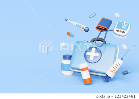 Emergency medical care 3d banner. Doctor equipment icon - first aid medicine bag, tonometer, thermometer, syringe, pill bottle on blue render background. Ambulance service, healthcare. 3D illustration 123422461