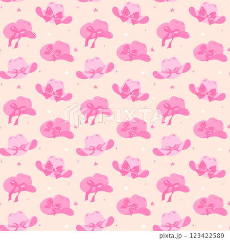 Coquette Cowgirl Hat Hot Pink with bow Seamless Pattern, Girly Western Groovy Retro Wallpaper isolated on background 123422589