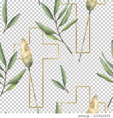 Golden Cross with olive tree branch and Pampas grass seamless pattern. Watercolor painted illustration Gold cross with green twig herbs, dry blade of grass for baptism, Easter Isolated from background Golden Cross with olive tree branch and Pampas grass seamless pattern. Watercolor painted illustration Gold cross with green twig herbs, dry blade of grass for baptism, Easter Isolated from background 123422870