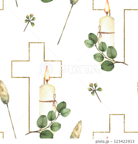 Golden Cross with a white burning candle and green eucalyptus branch seamless pattern. Watercolor religious painted illustration. Religious church fabric for baptism, Easter. Isolated from background Golden Cross with a white burning candle and green eucalyptus branch seamless pattern. Watercolor religious painted illustration. Religious church fabric for baptism, Easter. Isolated from background 123422913